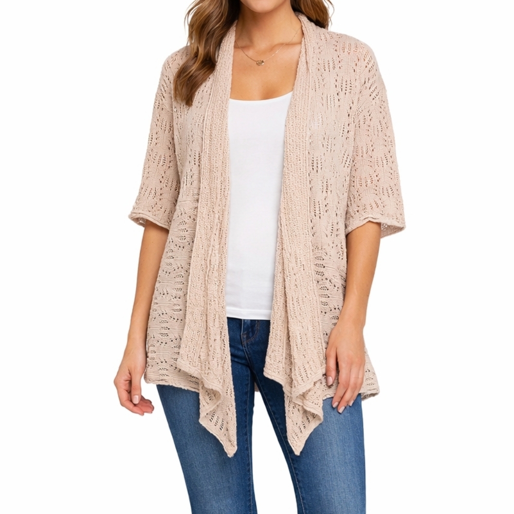 Woman Within 2X Beige Open Knit Cardigan Coastal Grandmother Plus Size Boho